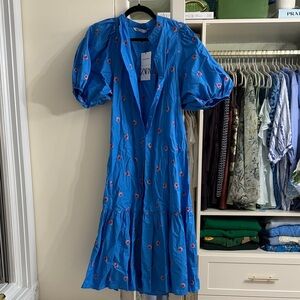 Zara Vibrant Blue Midi Dress with pink Floral Accents NWT